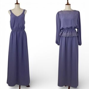 Vintage Set Women’s L Purple Sleeveless V-Neck Maxi Dress &‎ Peasant Blouse